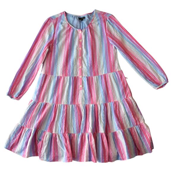 J. Crew Pastels Pink Striped Cotton Tiered Button Up Dress Size Small - Picture 1 of 8